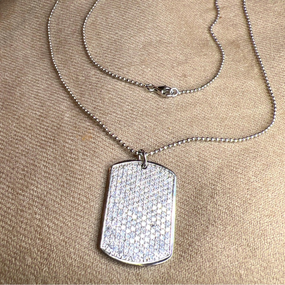Diamonique cubic zirconia dog tag and necklace signed AK 925 turkey cz